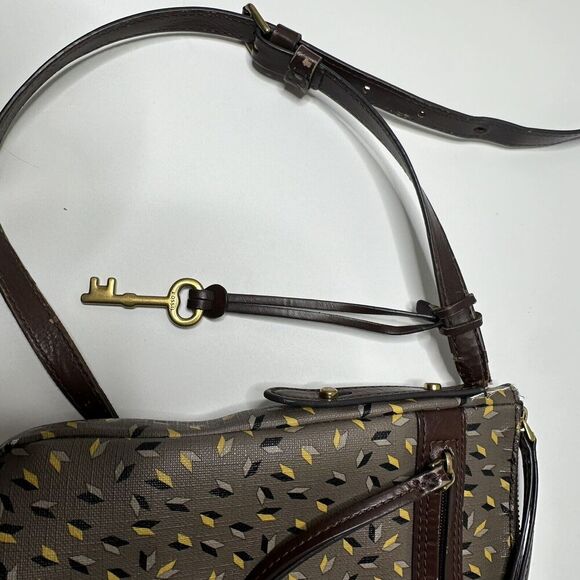 Fossil Purse Brown With Yellow Black Cream Arrows Golden Key Shoulder Bag - Picture 10 of 13